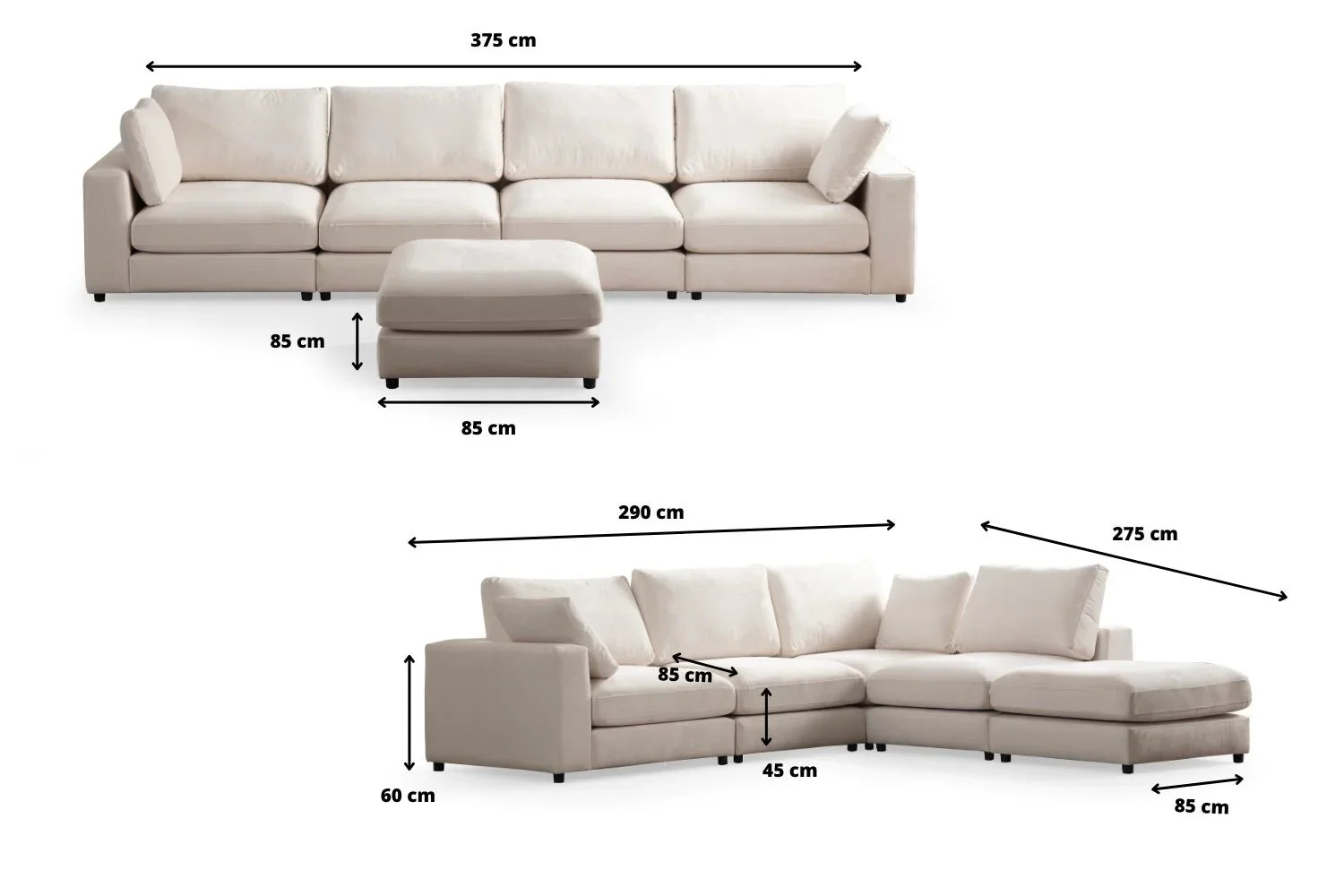 Julia | Velours Blanc cassé 4+1 pouf